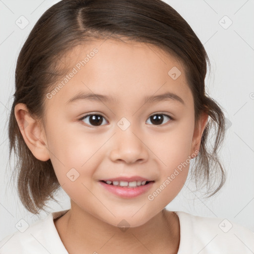 Joyful white child female with medium  brown hair and brown eyes