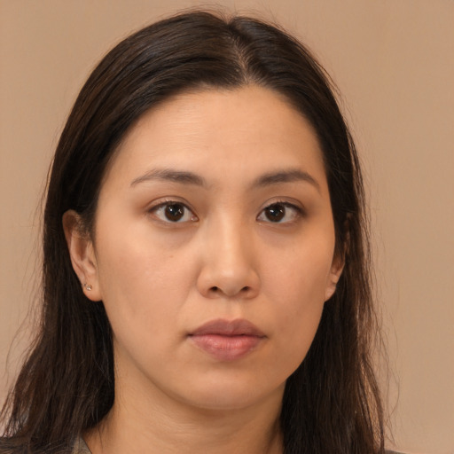 Neutral asian young-adult female with long  brown hair and brown eyes