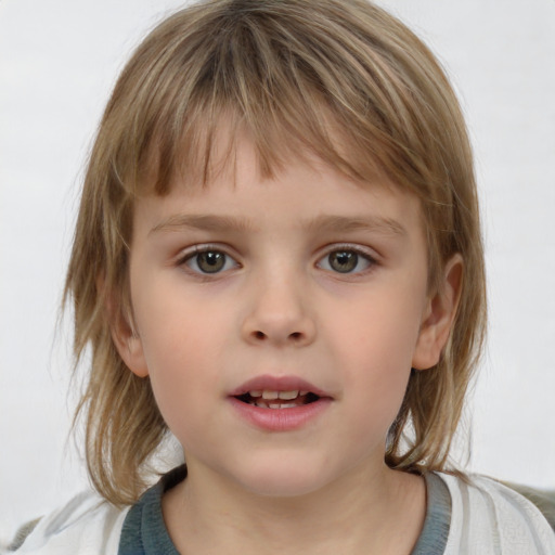 Neutral white child female with medium  brown hair and grey eyes