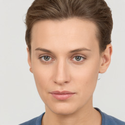 Neutral white young-adult female with short  brown hair and brown eyes