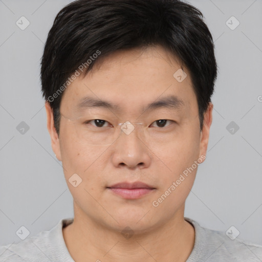 Neutral asian young-adult male with short  brown hair and brown eyes