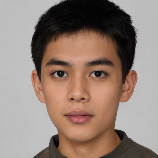 Neutral asian young-adult male with short  black hair and brown eyes