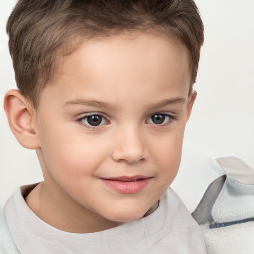 Joyful white child female with short  brown hair and brown eyes