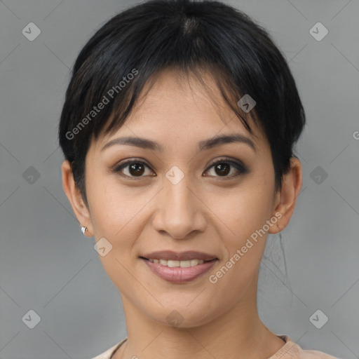 Joyful asian young-adult female with short  brown hair and brown eyes