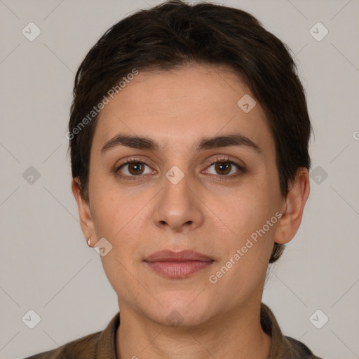 Joyful white young-adult female with short  brown hair and brown eyes