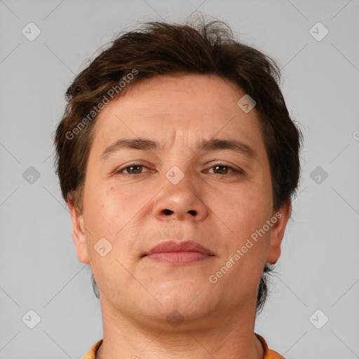 Neutral white adult male with short  brown hair and brown eyes