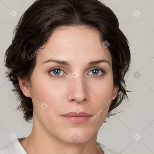 Neutral white young-adult female with medium  brown hair and grey eyes