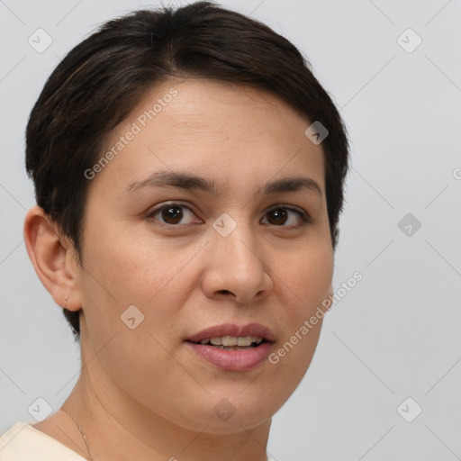 Joyful white young-adult female with short  brown hair and brown eyes