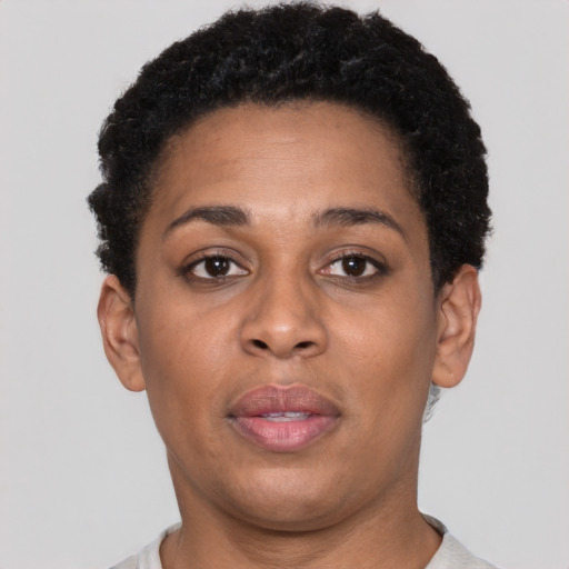Neutral black young-adult female with short  brown hair and brown eyes