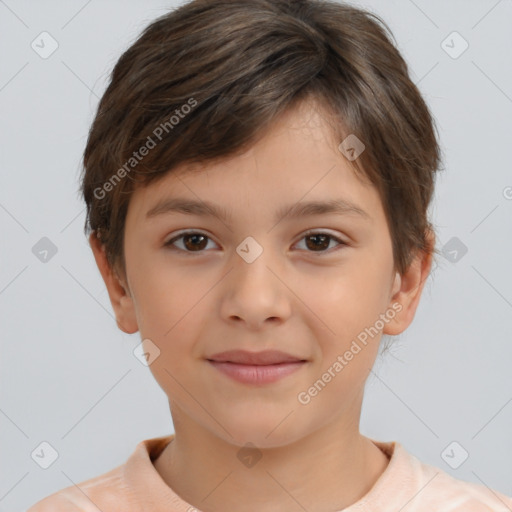 Joyful white child female with short  brown hair and brown eyes