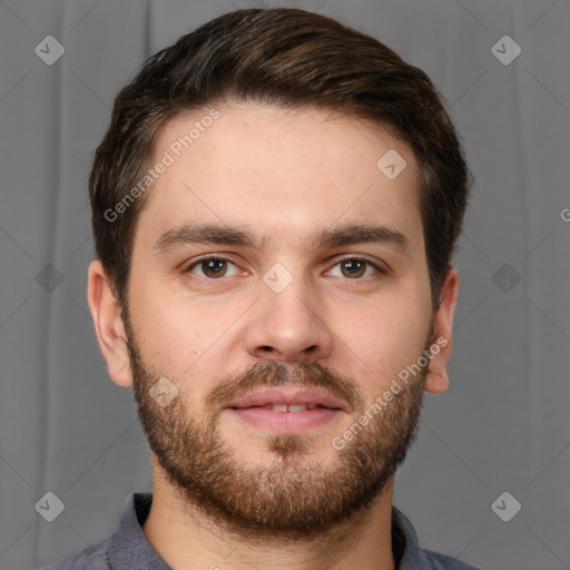 Neutral white young-adult male with short  brown hair and brown eyes