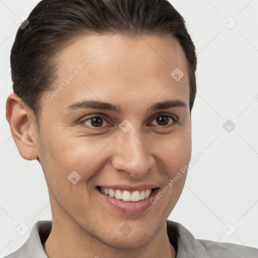 Joyful white young-adult female with short  brown hair and brown eyes