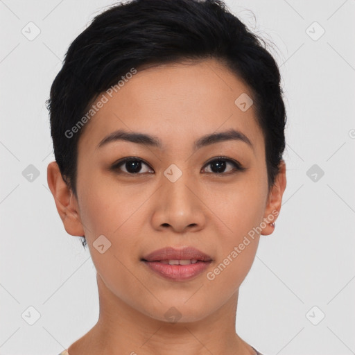 Joyful asian young-adult female with short  black hair and brown eyes