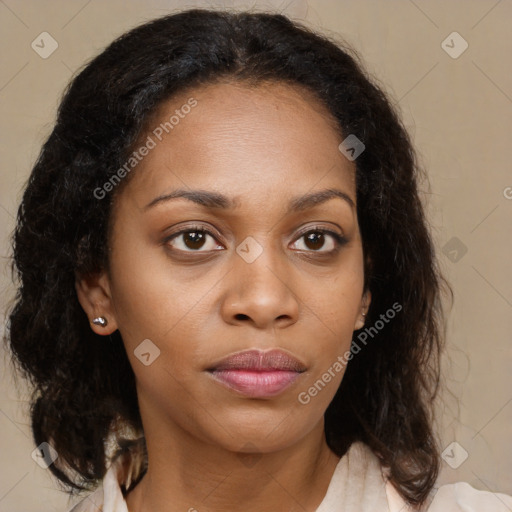 Neutral black young-adult female with medium  brown hair and brown eyes