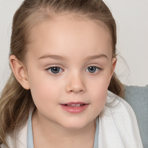 Neutral white child female with medium  brown hair and grey eyes