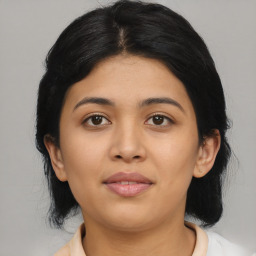 Neutral asian young-adult female with medium  black hair and brown eyes