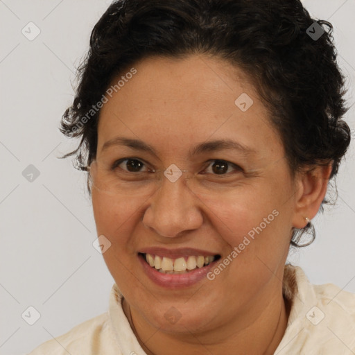 Joyful white adult female with short  brown hair and brown eyes