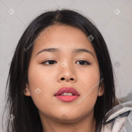 Neutral asian young-adult female with medium  brown hair and brown eyes
