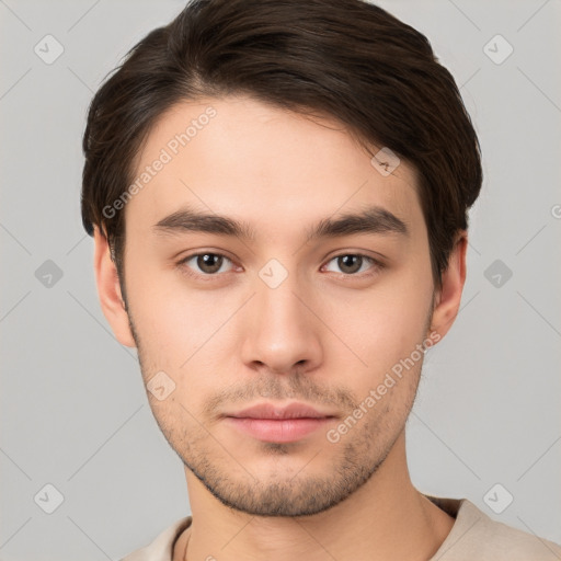 Neutral white young-adult male with short  brown hair and brown eyes