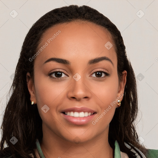 Joyful white young-adult female with long  brown hair and brown eyes