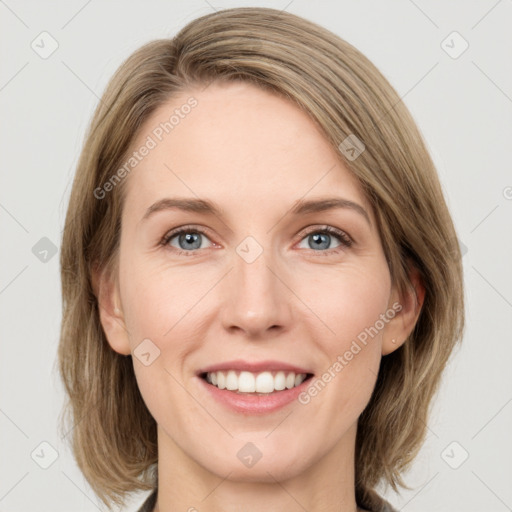 Joyful white young-adult female with medium  brown hair and green eyes