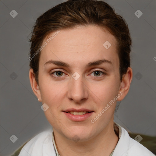 Joyful white young-adult female with short  brown hair and grey eyes