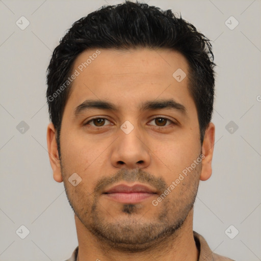 Neutral latino young-adult male with short  black hair and brown eyes