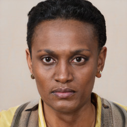 Neutral black young-adult female with short  black hair and brown eyes