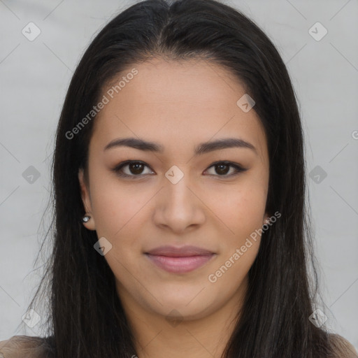 Joyful asian young-adult female with long  brown hair and brown eyes