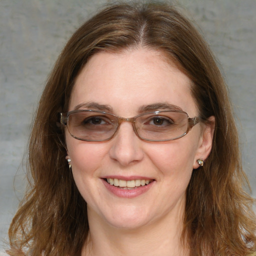 Joyful white adult female with medium  brown hair and blue eyes