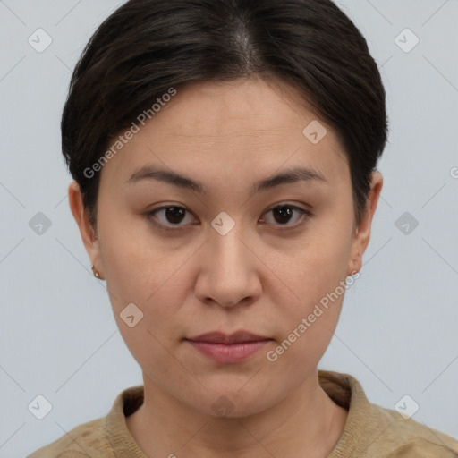 Neutral white young-adult female with short  brown hair and brown eyes