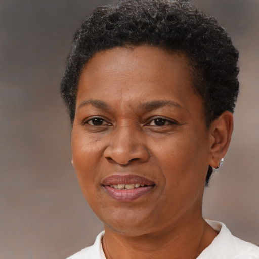 Joyful black adult female with short  brown hair and brown eyes