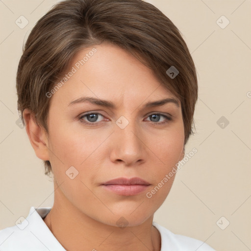 Neutral white young-adult female with short  brown hair and brown eyes