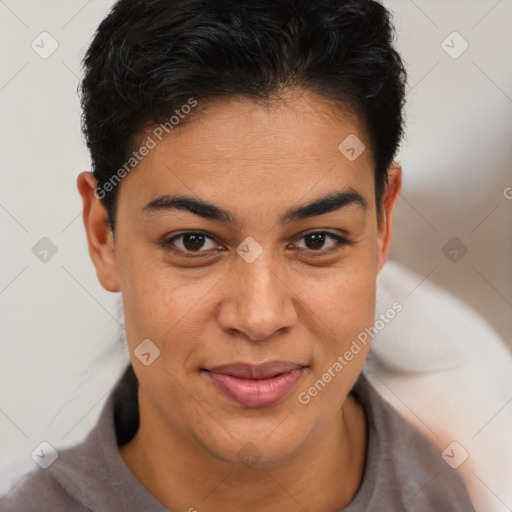 Joyful latino young-adult female with short  brown hair and brown eyes