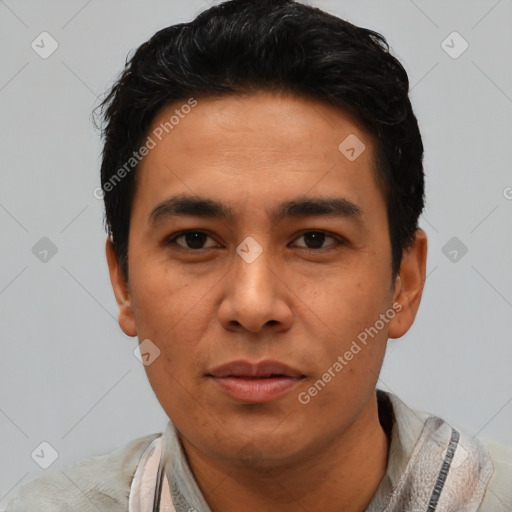 Neutral asian young-adult male with short  black hair and brown eyes