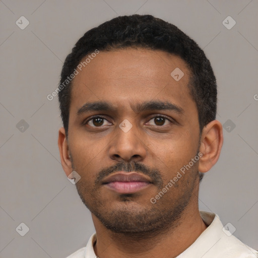 Neutral latino young-adult male with short  black hair and brown eyes