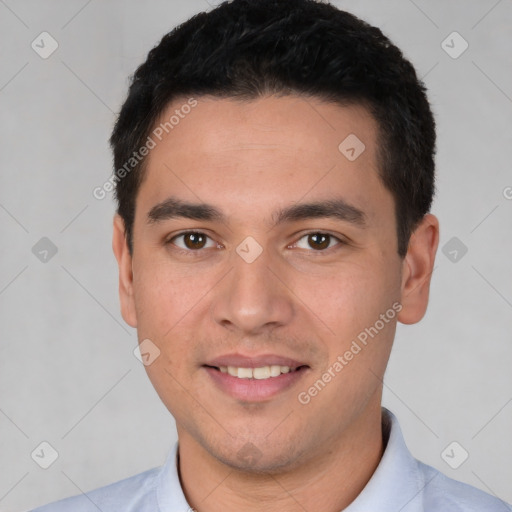 Joyful white young-adult male with short  black hair and brown eyes