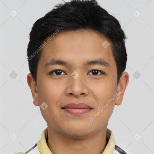 Joyful asian young-adult male with short  brown hair and brown eyes