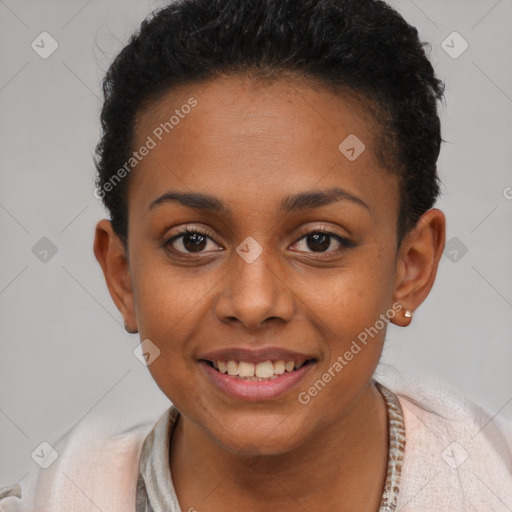 Joyful black young-adult female with short  brown hair and brown eyes