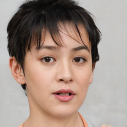 Neutral white young-adult female with short  brown hair and brown eyes