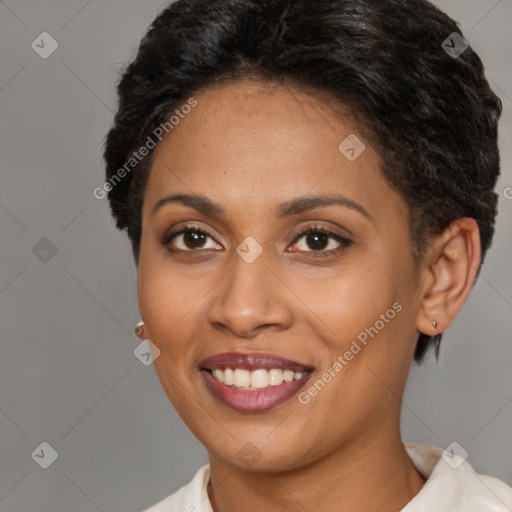 Joyful latino young-adult female with short  brown hair and brown eyes