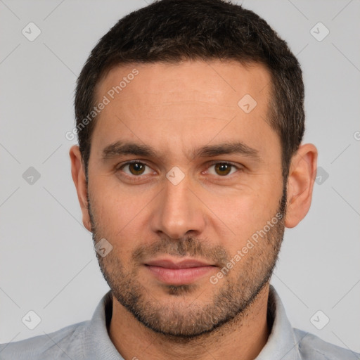 Neutral white young-adult male with short  brown hair and brown eyes