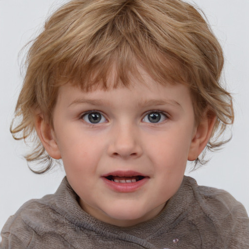 Joyful white child female with medium  brown hair and grey eyes