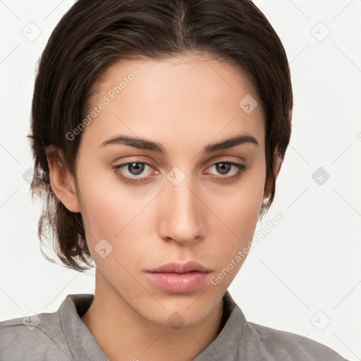 Neutral white young-adult female with medium  brown hair and grey eyes