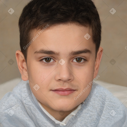 Joyful white child male with short  brown hair and brown eyes