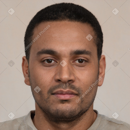 Neutral latino young-adult male with short  black hair and brown eyes