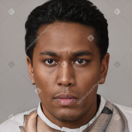 Neutral latino young-adult male with short  black hair and brown eyes