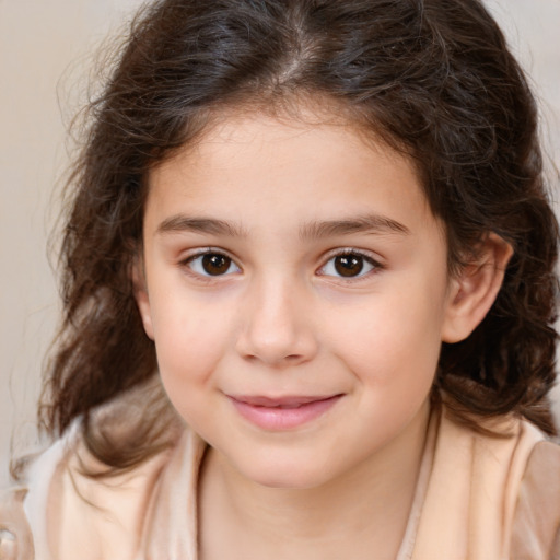 Joyful white child female with medium  brown hair and brown eyes