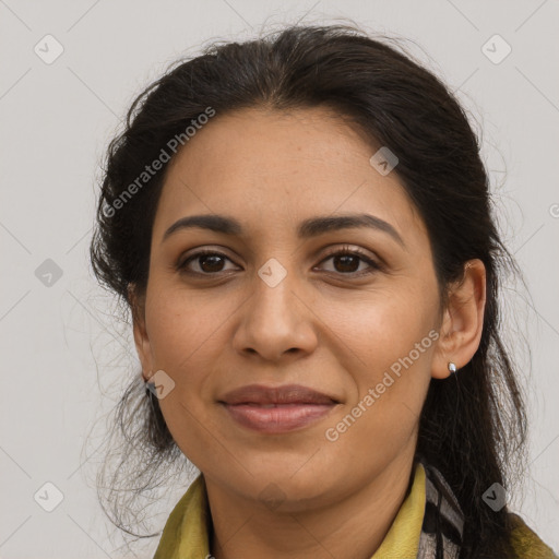 Joyful latino young-adult female with medium  brown hair and brown eyes