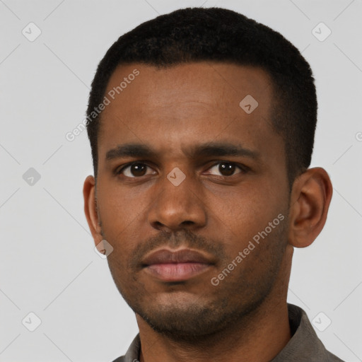 Neutral black young-adult male with short  black hair and brown eyes